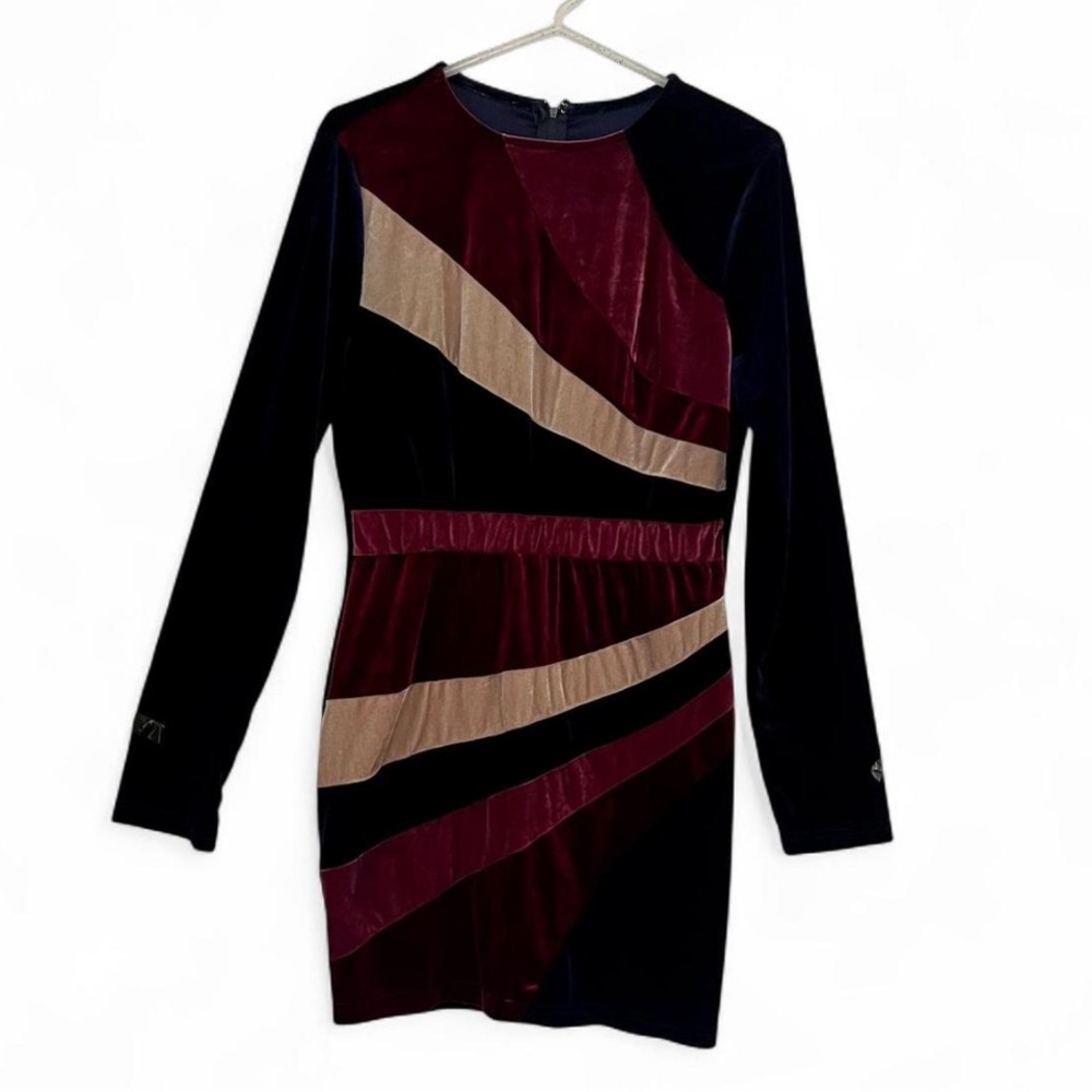 Velvet Long Sleeve Color Block Bodycon Dress